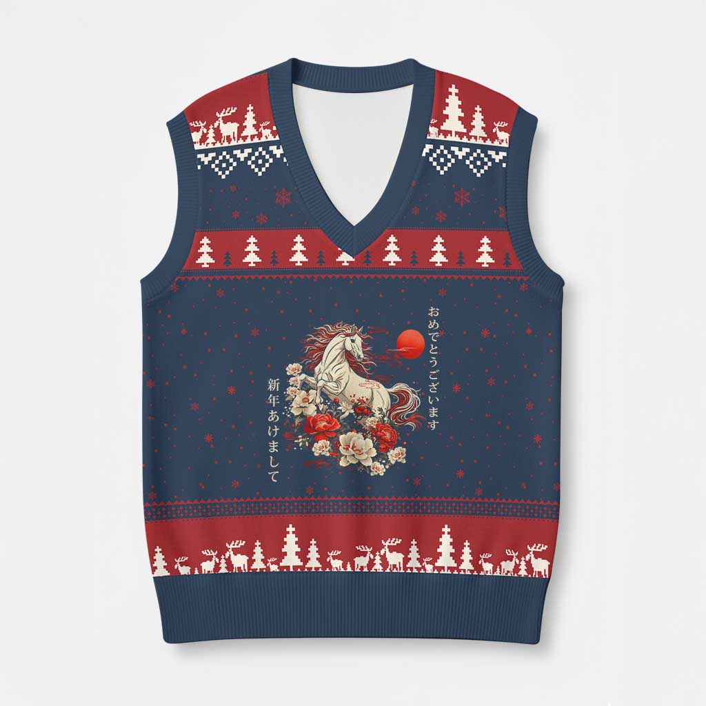 Japanese New Year 2026 V-Neck Knit Sweater Vest Year Of The Horse Botan Flower TS11 Navy Red Print Your Wear