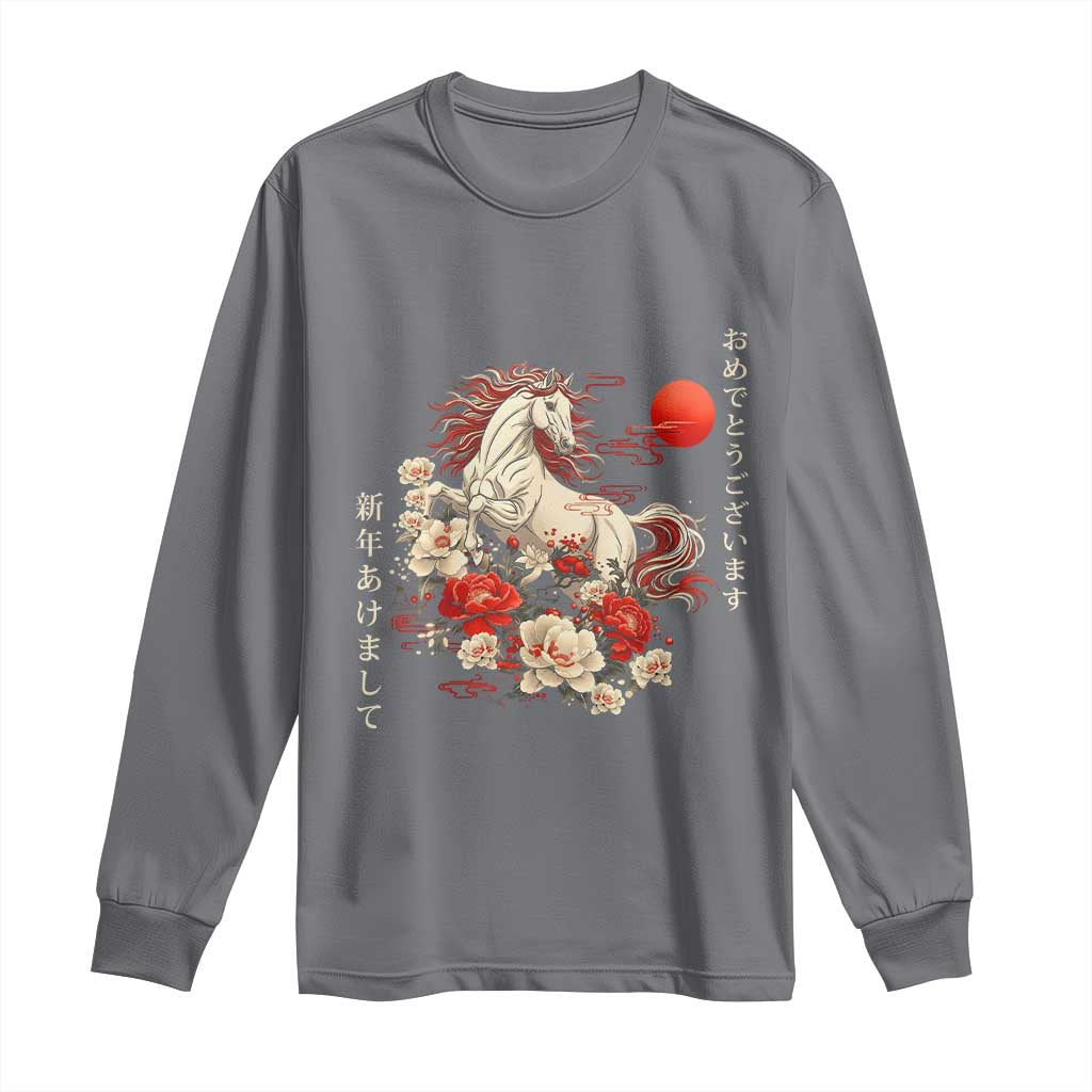 Japanese New Year 2026 Long Sleeve Shirt Year Of The Horse Botan Flower TS11 Charcoal Print Your Wear