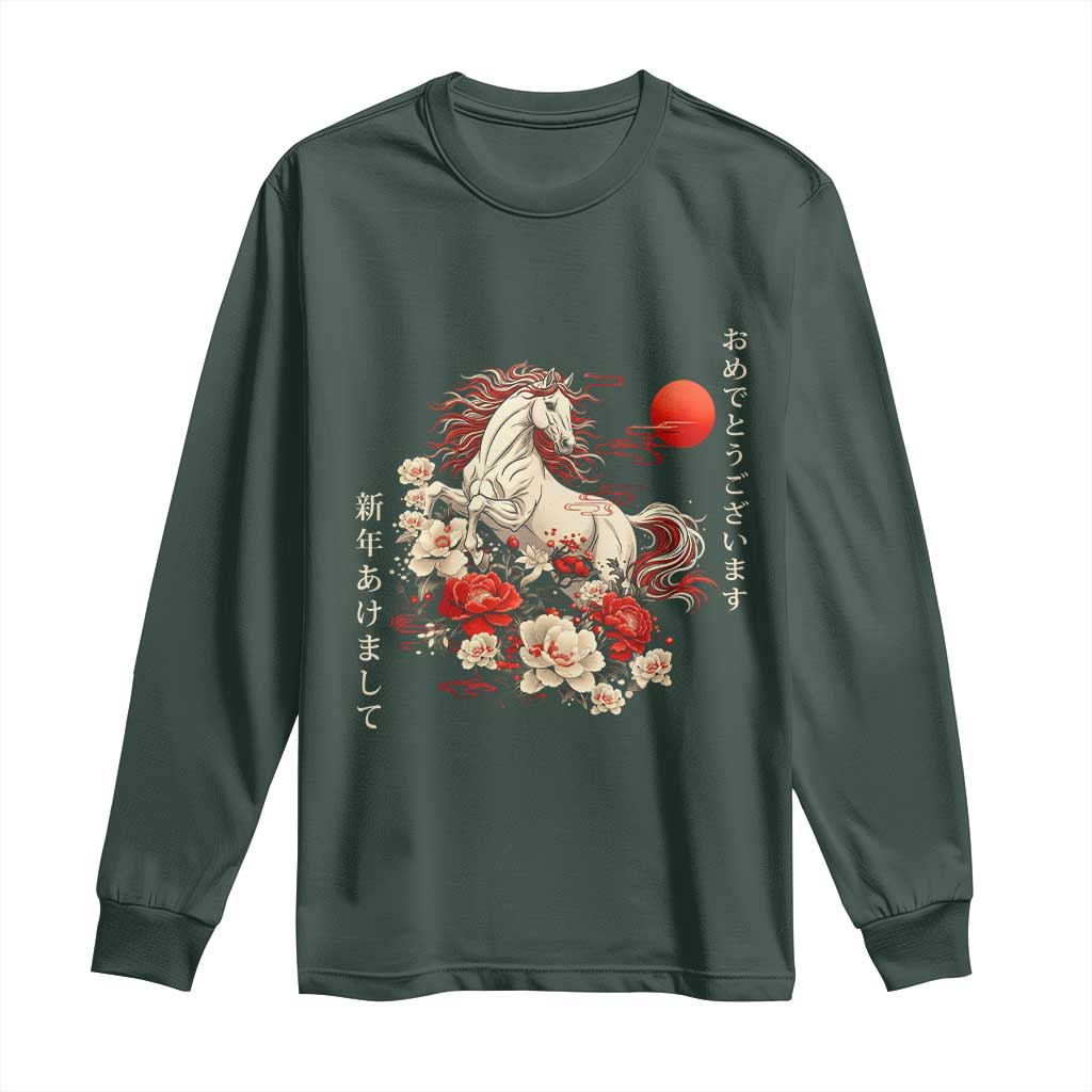 Japanese New Year 2026 Long Sleeve Shirt Year Of The Horse Botan Flower TS11 Dark Forest Green Print Your Wear