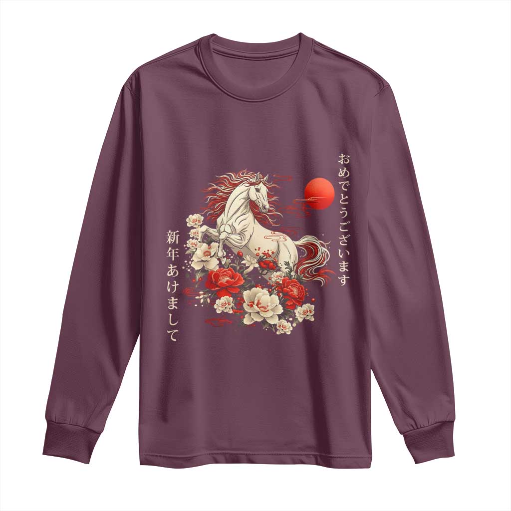 Japanese New Year 2026 Long Sleeve Shirt Year Of The Horse Botan Flower TS11 Maroon Print Your Wear