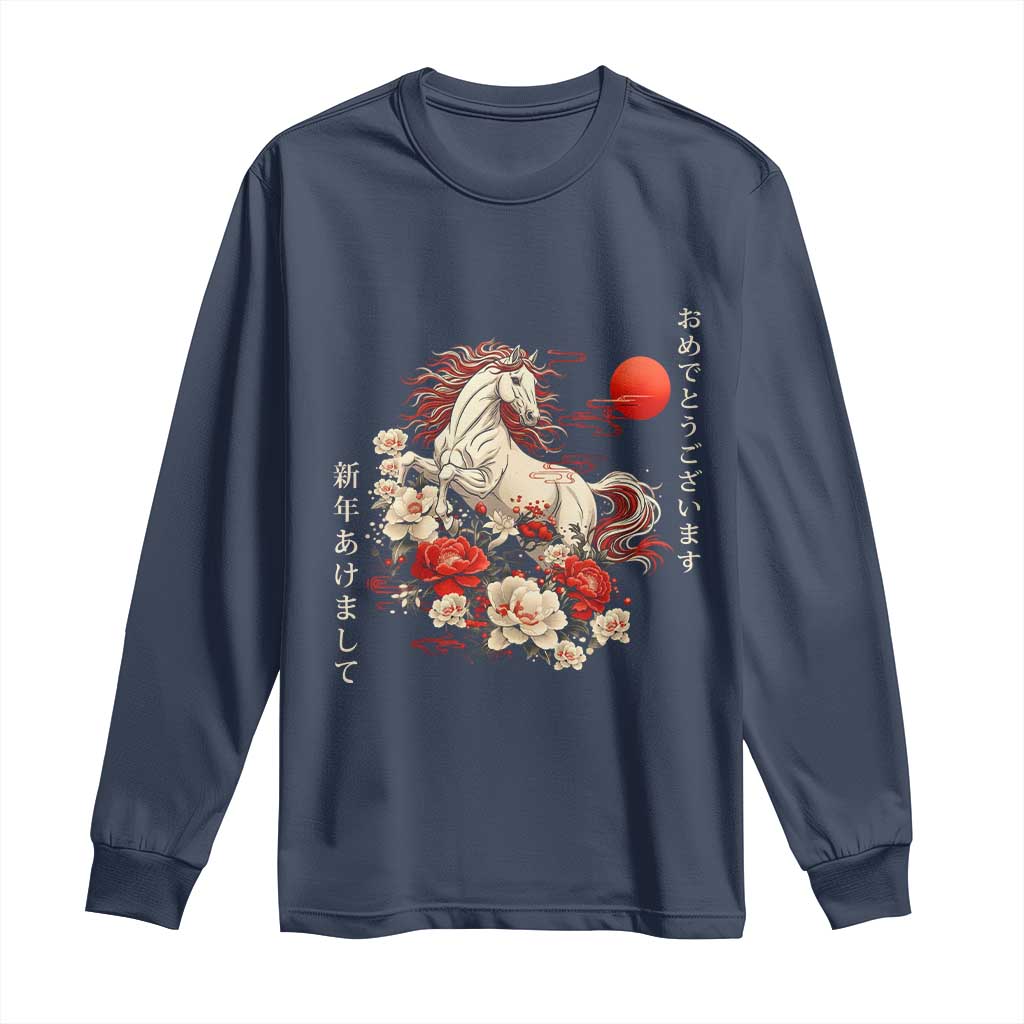 Japanese New Year 2026 Long Sleeve Shirt Year Of The Horse Botan Flower TS11 Navy Print Your Wear