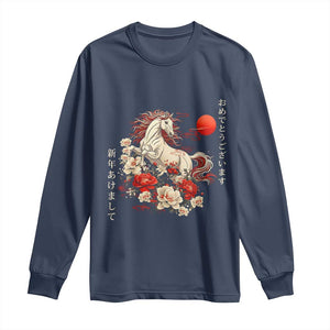 Japanese New Year 2026 Long Sleeve Shirt Year Of The Horse Botan Flower TS11 Navy Print Your Wear
