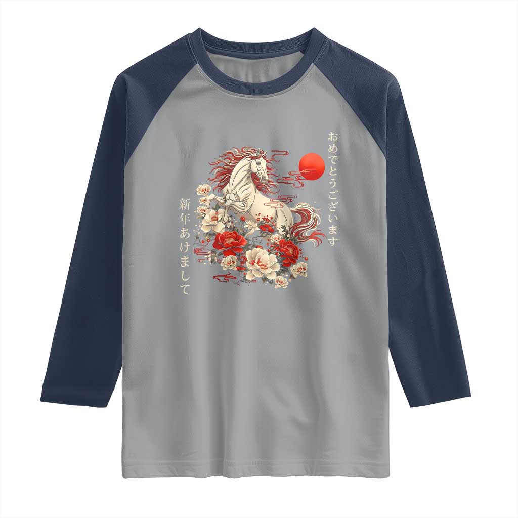 Japanese New Year 2026 Raglan Shirt Year Of The Horse Botan Flower TS11 Sport Gray Navy Print Your Wear