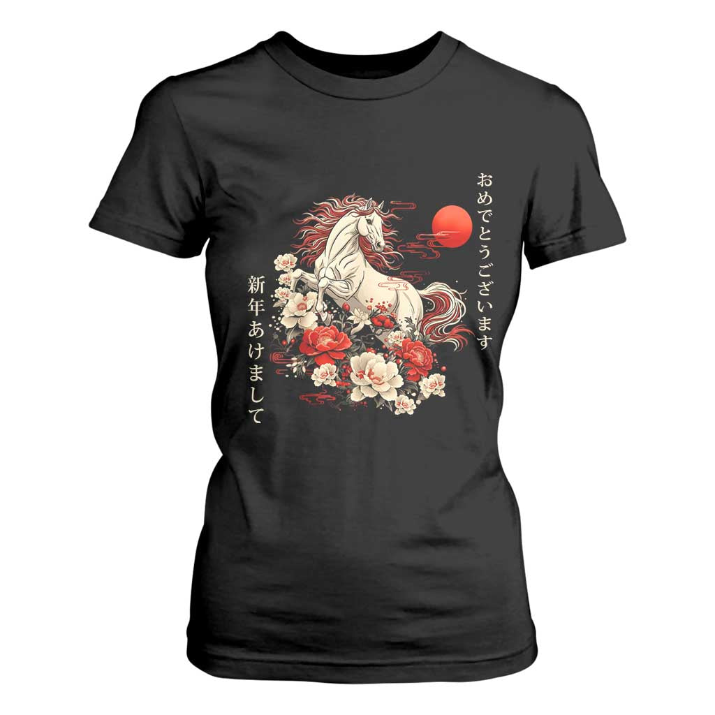 Japanese New Year 2026 T Shirt For Women Year Of The Horse Botan Flower TS11 Black Print Your Wear