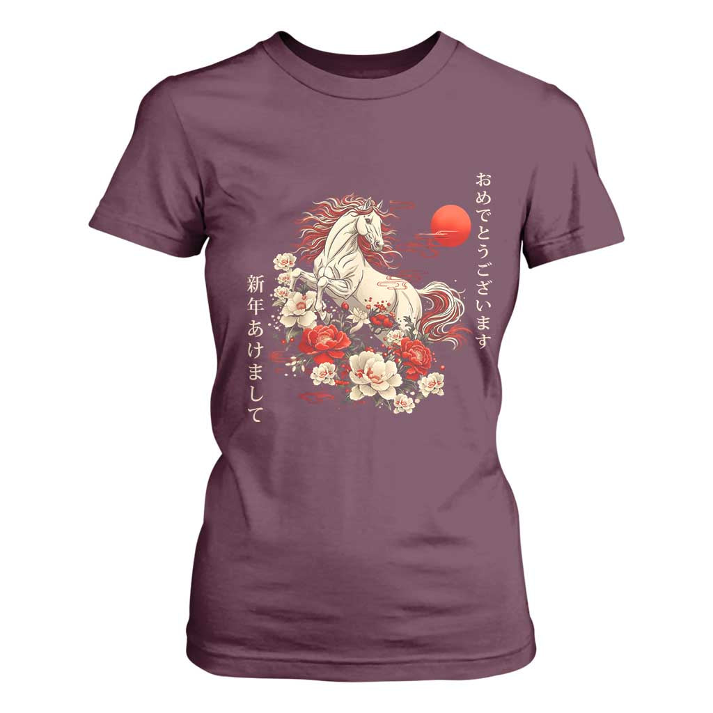 Japanese New Year 2026 T Shirt For Women Year Of The Horse Botan Flower TS11 Maroon Print Your Wear