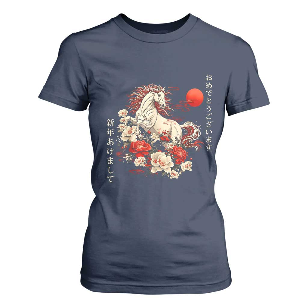 Japanese New Year 2026 T Shirt For Women Year Of The Horse Botan Flower TS11 Navy Print Your Wear