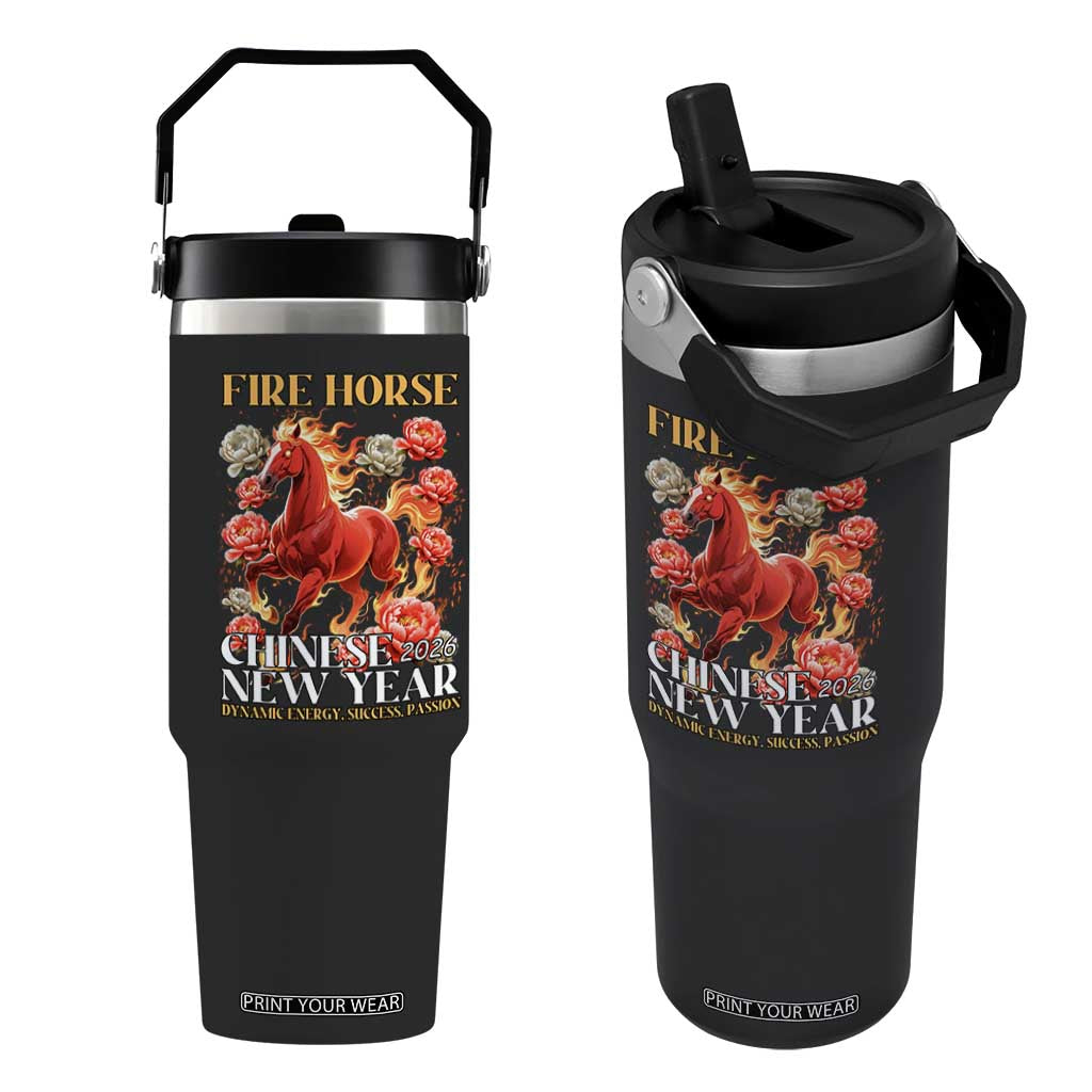 Year of The Fire Horse 2026 Flip Straw Tumbler Chinese New Year Peony Flower TS11 One Size: 30 oz Black Print Your Wear