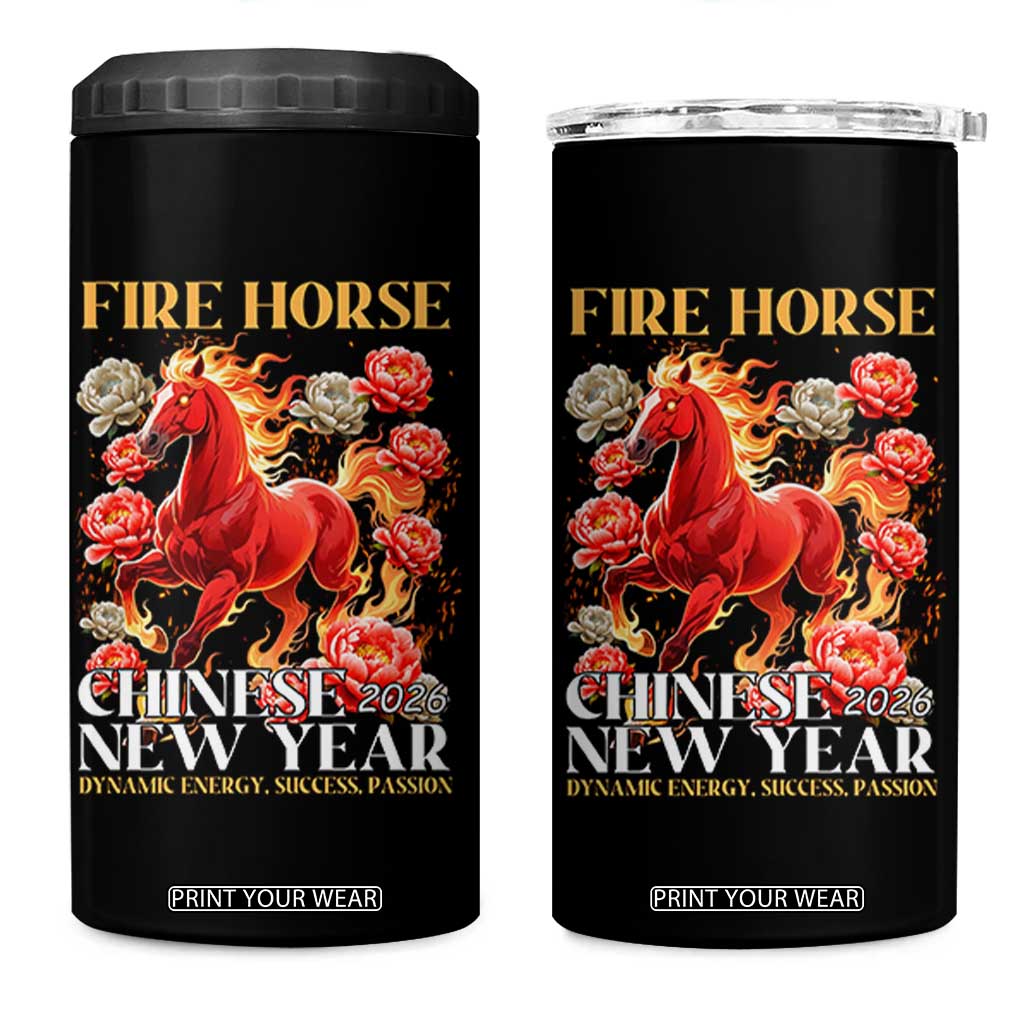 Year of The Fire Horse 2026 4 in 1 Can Cooler Tumbler Chinese New Year Peony Flower TS11 One Size: 16 oz Black Print Your Wear