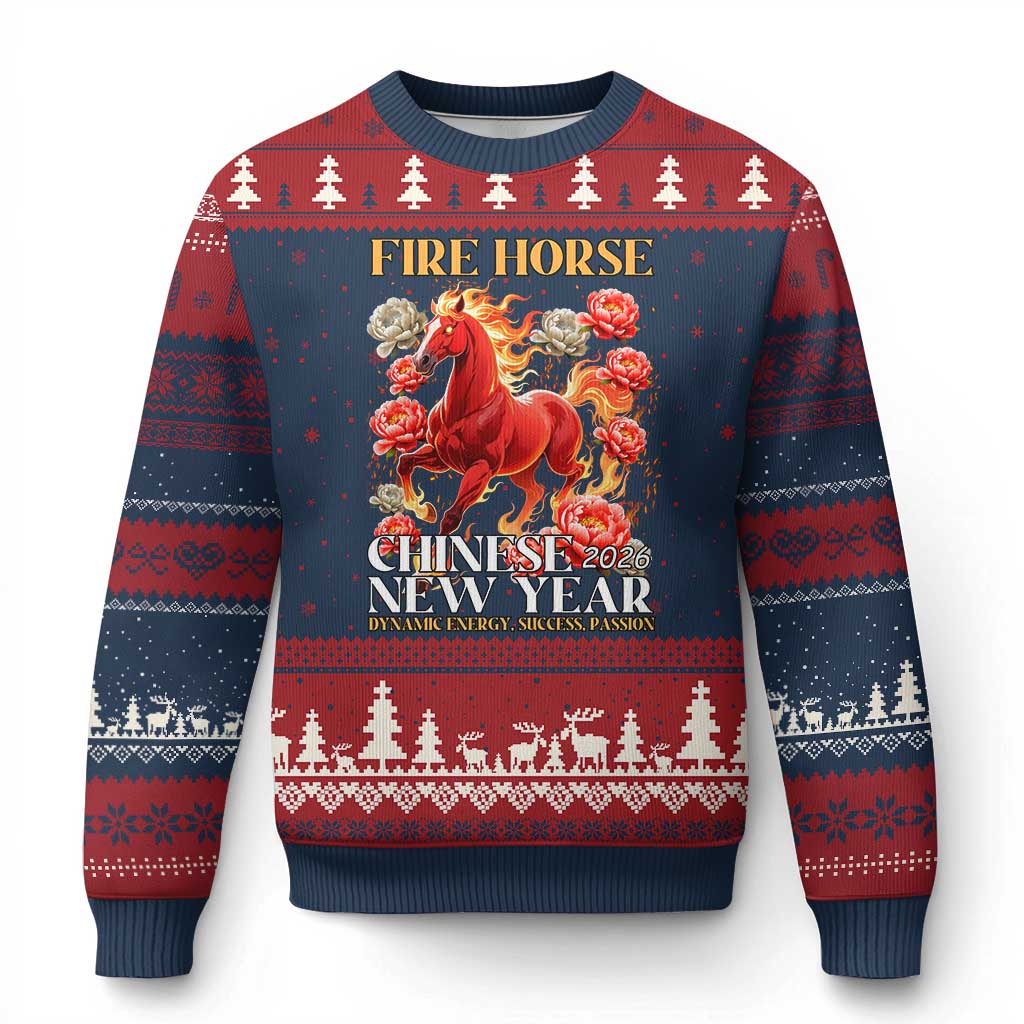 Year of The Fire Horse 2026 Ugly Christmas Sweater Chinese New Year Peony Flower TS11 Navy Red Print Your Wear
