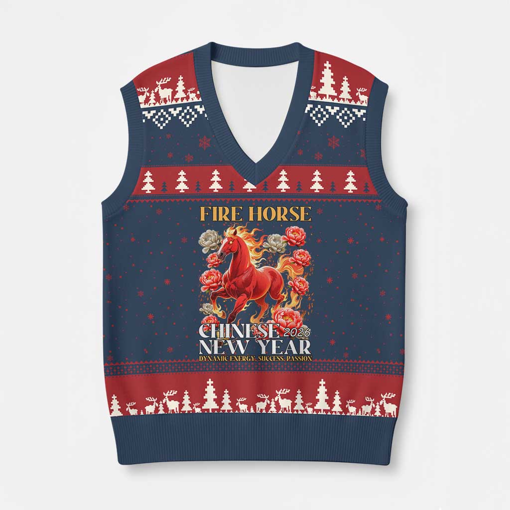 Year of The Fire Horse 2026 V-Neck Knit Sweater Vest Chinese New Year Peony Flower TS11 Navy Red Print Your Wear