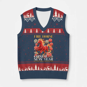 Year of The Fire Horse 2026 V-Neck Knit Sweater Vest Chinese New Year Peony Flower TS11 Navy Red Print Your Wear