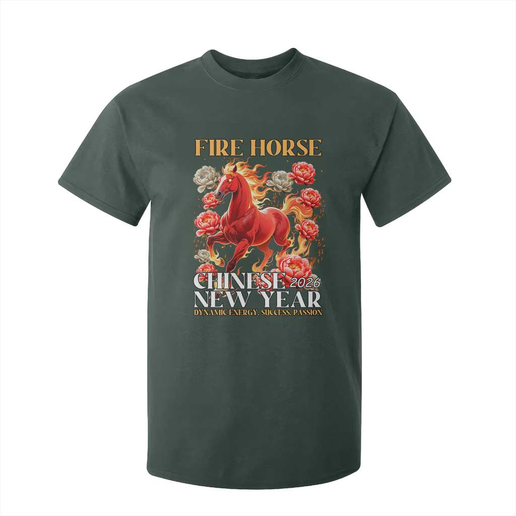 Year of The Fire Horse 2026 T Shirt For Kid Chinese New Year Peony Flower TS11 Dark Forest Green Print Your Wear