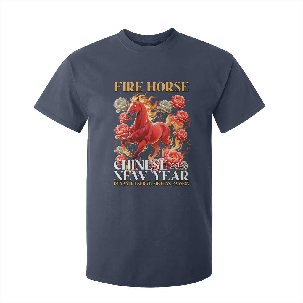 Year of The Fire Horse 2026 T Shirt For Kid Chinese New Year Peony Flower TS11 Navy Print Your Wear