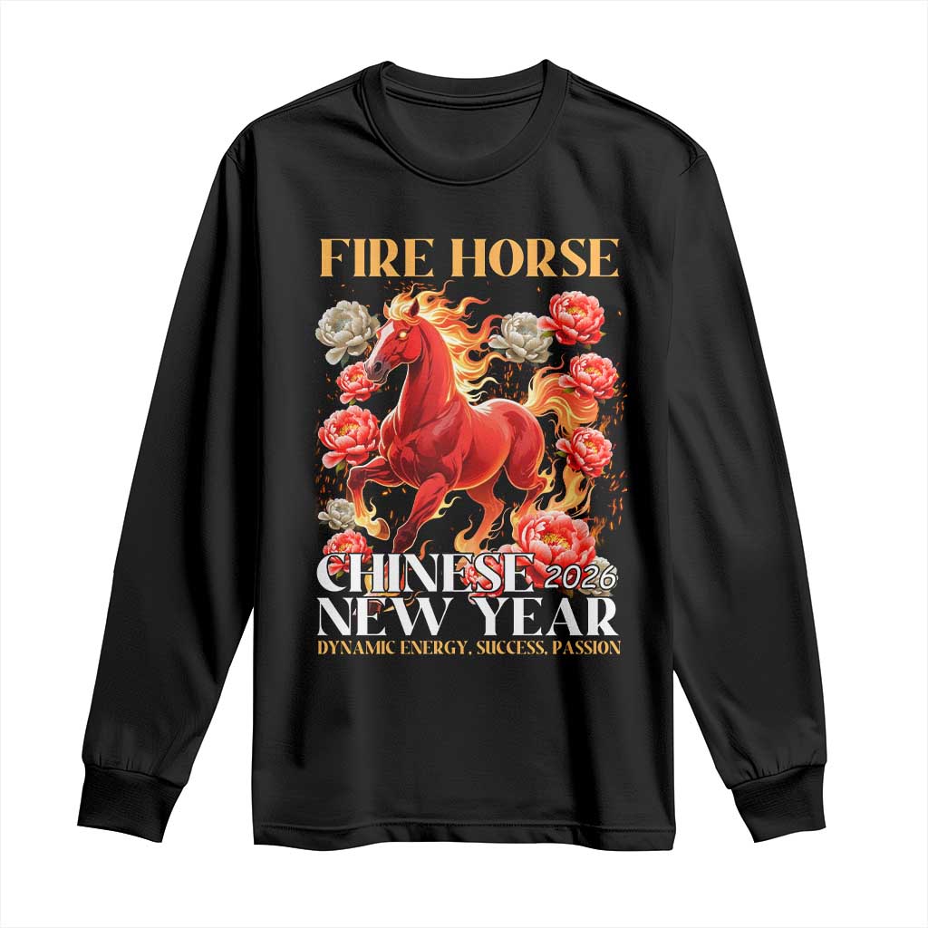 Year of The Fire Horse 2026 Long Sleeve Shirt Chinese New Year Peony Flower TS11 Black Print Your Wear
