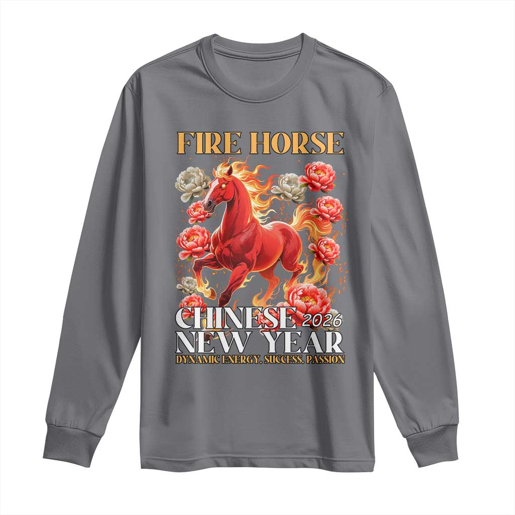 Year of The Fire Horse 2026 Long Sleeve Shirt Chinese New Year Peony Flower TS11 Charcoal Print Your Wear