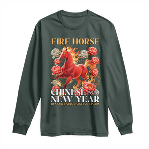 Year of The Fire Horse 2026 Long Sleeve Shirt Chinese New Year Peony Flower TS11 Dark Forest Green Print Your Wear