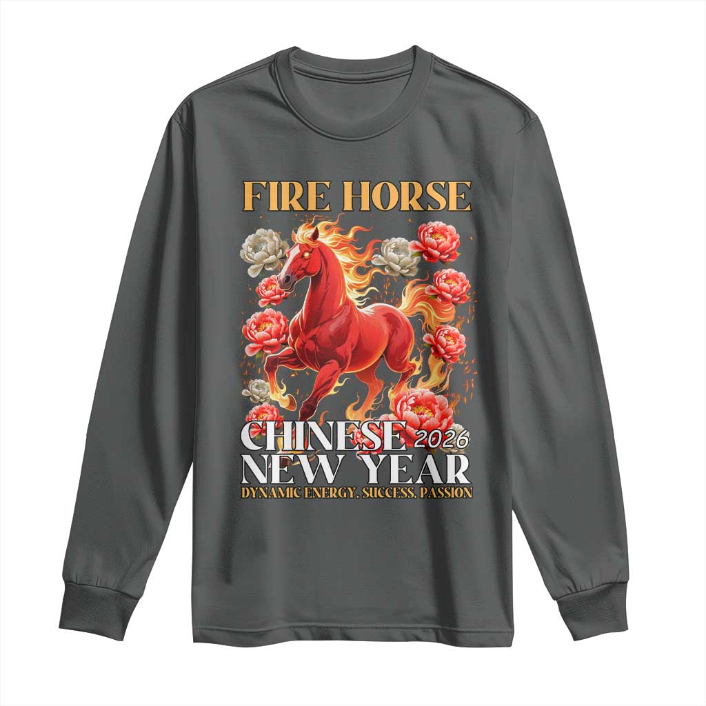 Year of The Fire Horse 2026 Long Sleeve Shirt Chinese New Year Peony Flower TS11 Dark Heather Print Your Wear