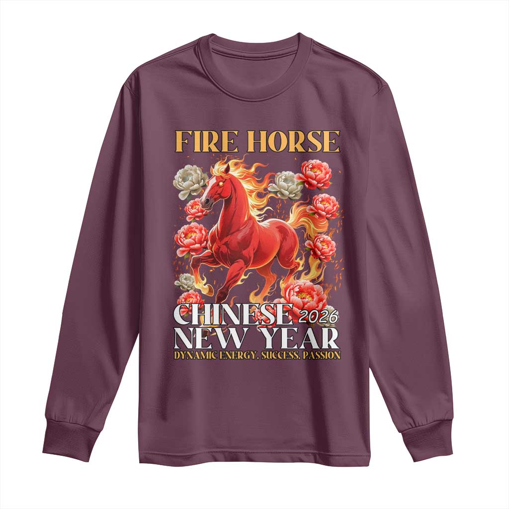 Year of The Fire Horse 2026 Long Sleeve Shirt Chinese New Year Peony Flower TS11 Maroon Print Your Wear