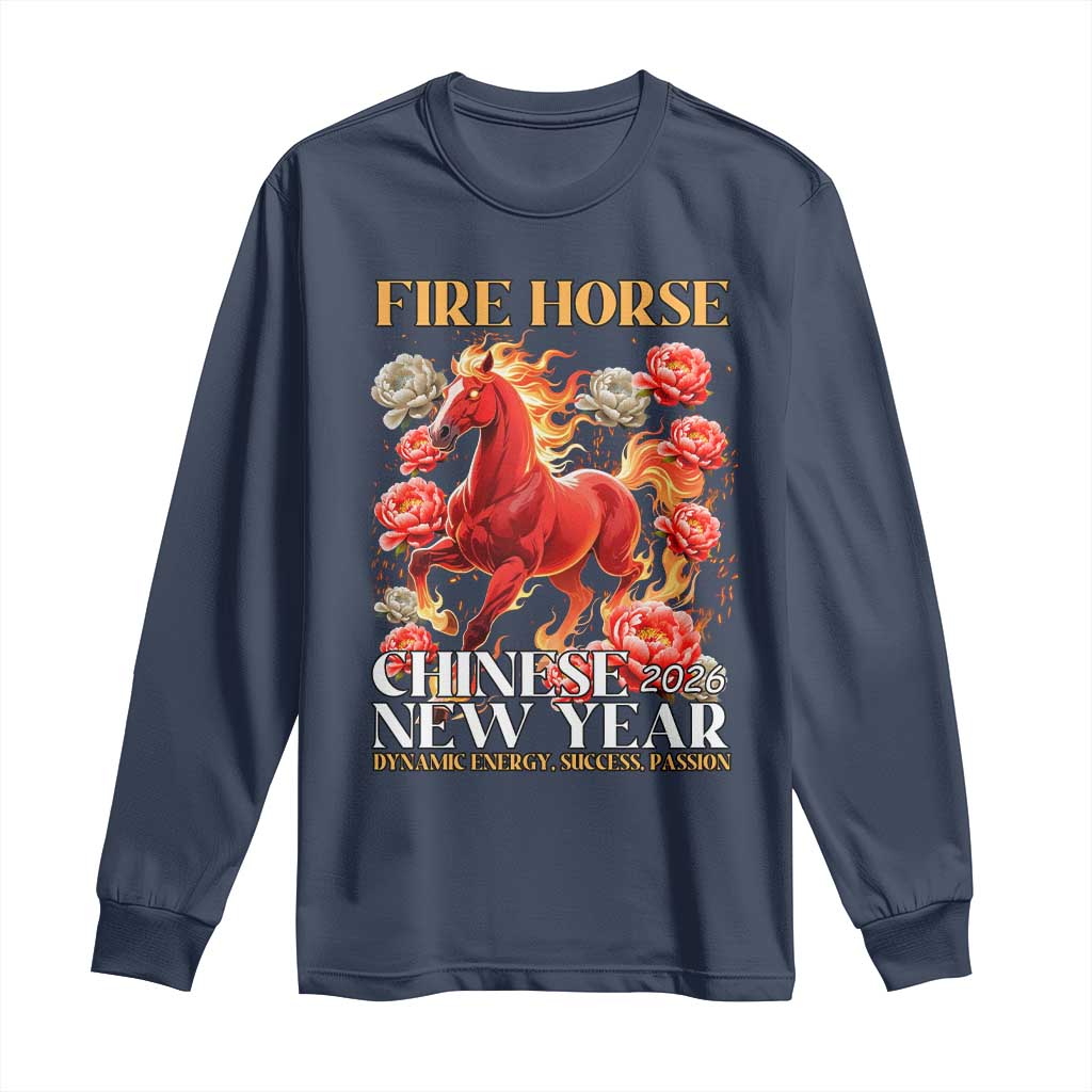 Year of The Fire Horse 2026 Long Sleeve Shirt Chinese New Year Peony Flower TS11 Navy Print Your Wear
