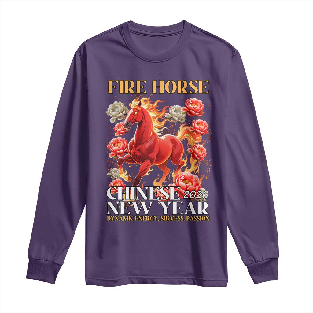 Year of The Fire Horse 2026 Long Sleeve Shirt Chinese New Year Peony Flower TS11 Purple Print Your Wear