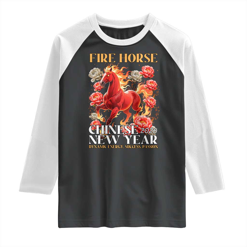 Year of The Fire Horse 2026 Raglan Shirt Chinese New Year Peony Flower TS11 Black White Print Your Wear