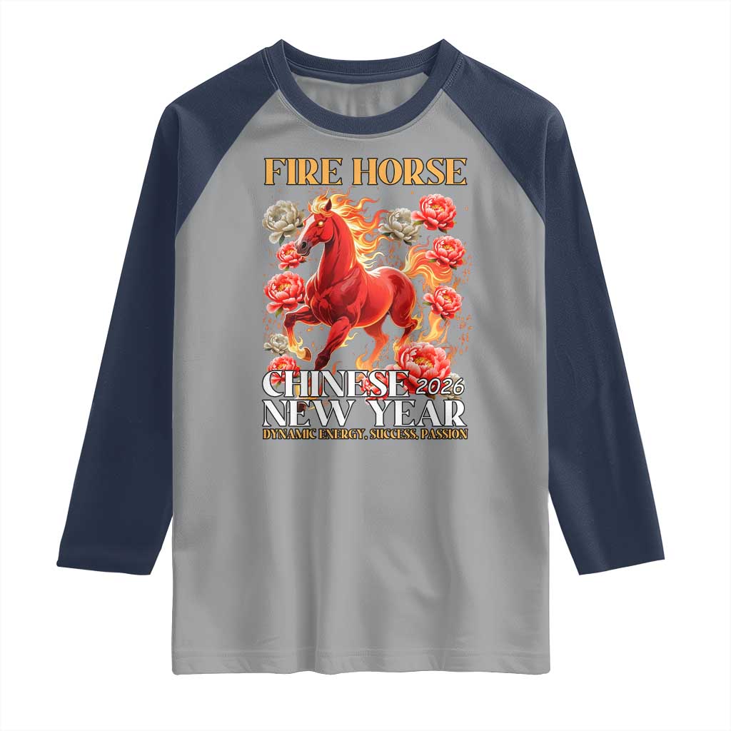 Year of The Fire Horse 2026 Raglan Shirt Chinese New Year Peony Flower TS11 Sport Gray Navy Print Your Wear