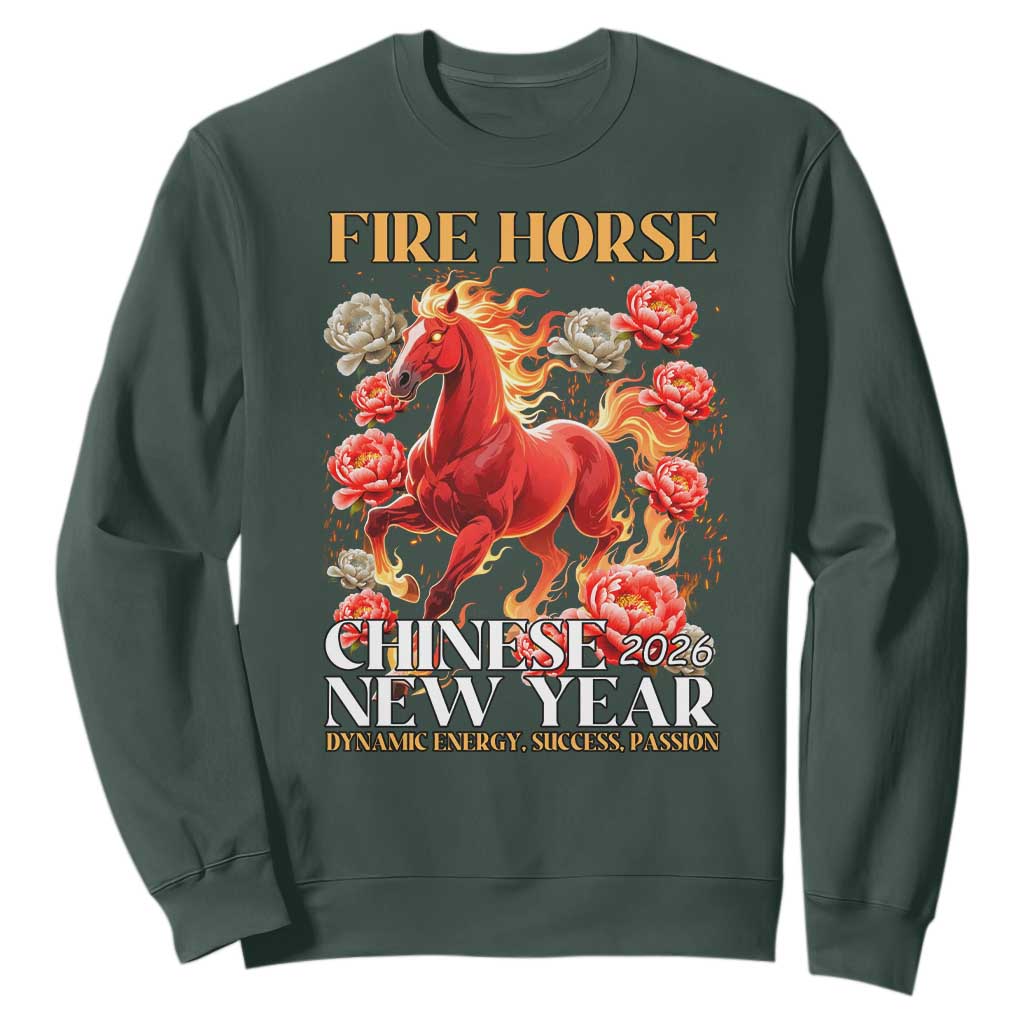 Year of The Fire Horse 2026 Sweatshirt Chinese New Year Peony Flower TS11 Dark Forest Green Print Your Wear