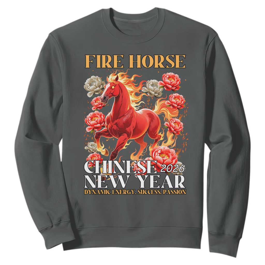 Year of The Fire Horse 2026 Sweatshirt Chinese New Year Peony Flower TS11 Dark Heather Print Your Wear