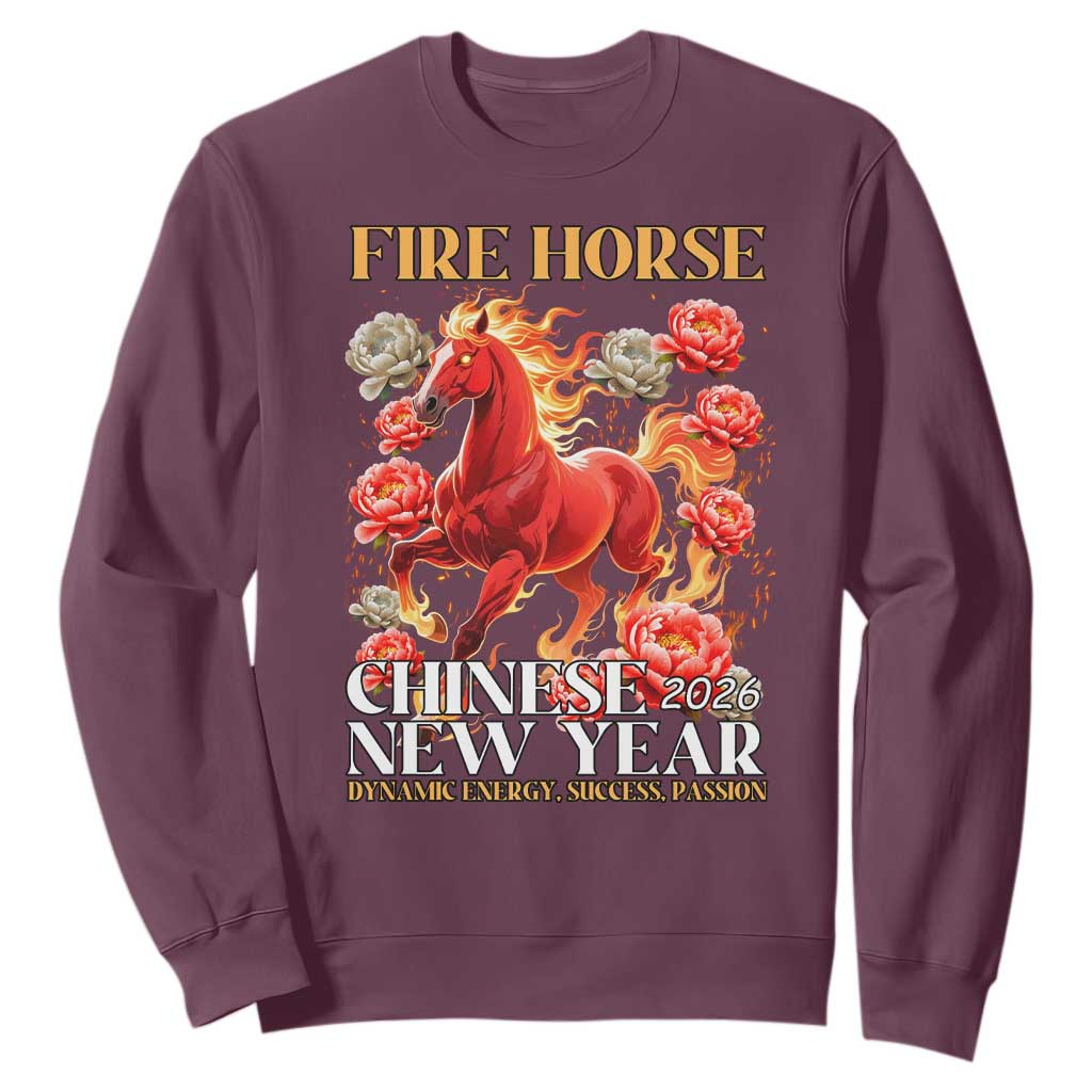 Year of The Fire Horse 2026 Sweatshirt Chinese New Year Peony Flower TS11 Maroon Print Your Wear