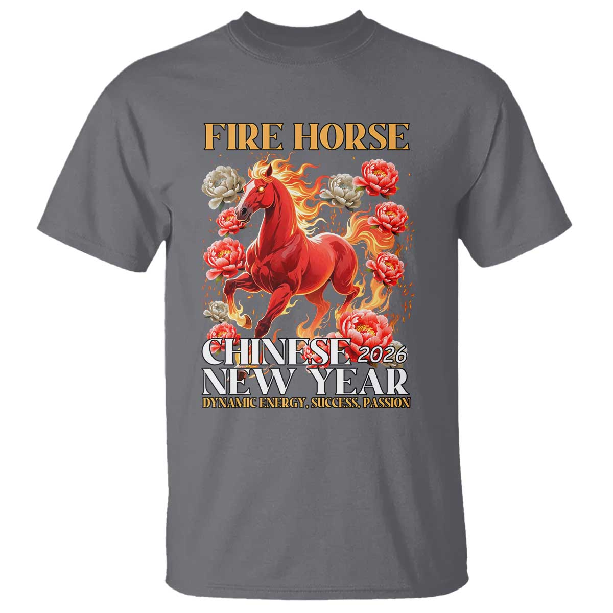 Year of The Fire Horse 2026 T Shirt Chinese New Year Peony Flower TS11 Charcoal Print Your Wear