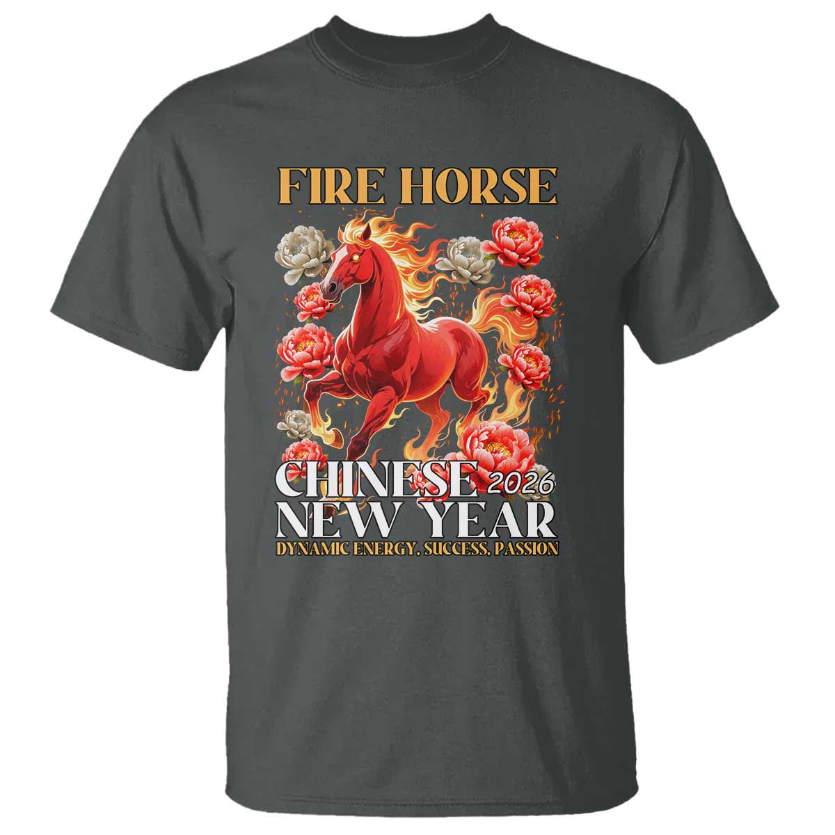 Year of The Fire Horse 2026 T Shirt Chinese New Year Peony Flower TS11 Dark Heather Print Your Wear