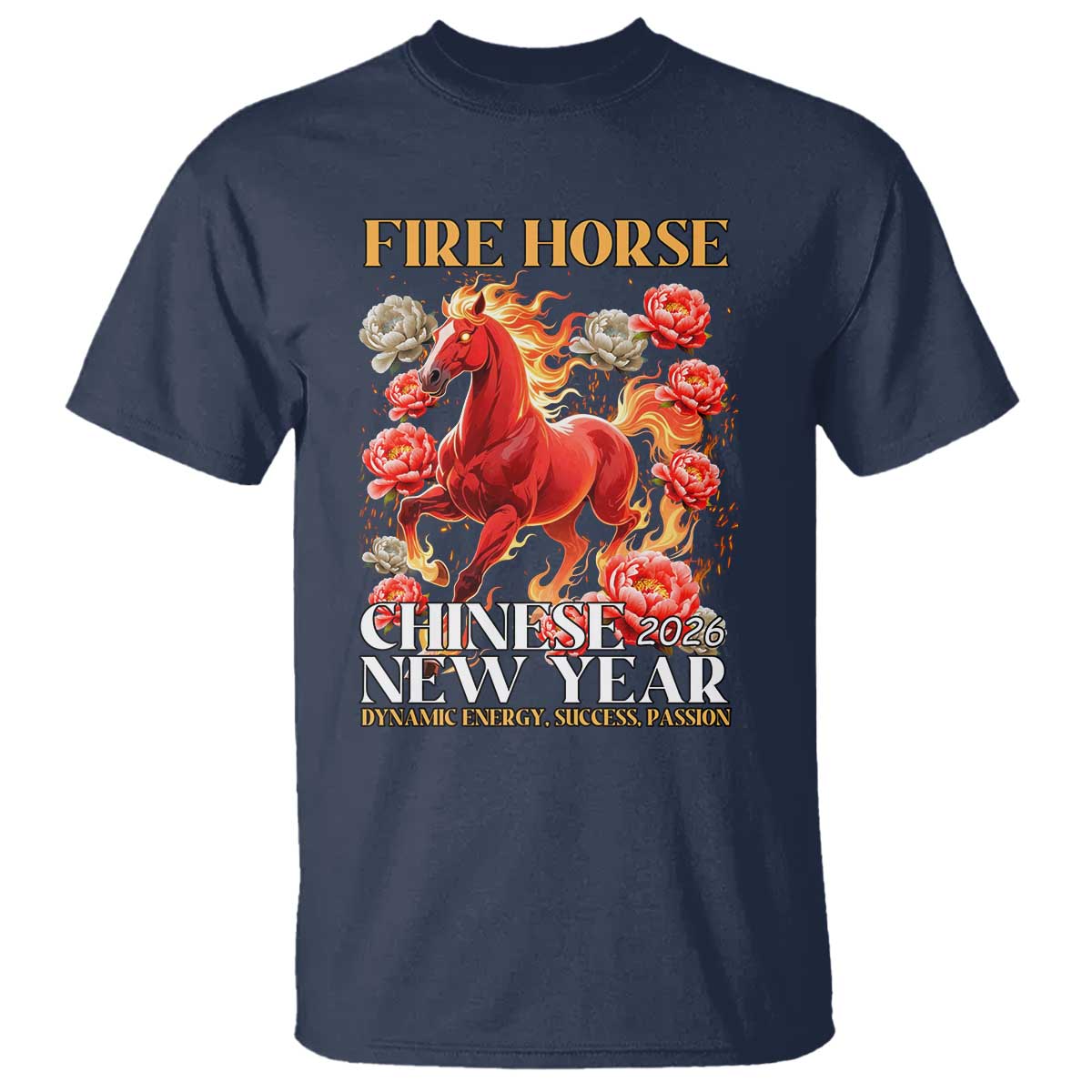 Year of The Fire Horse 2026 T Shirt Chinese New Year Peony Flower TS11 Navy Print Your Wear