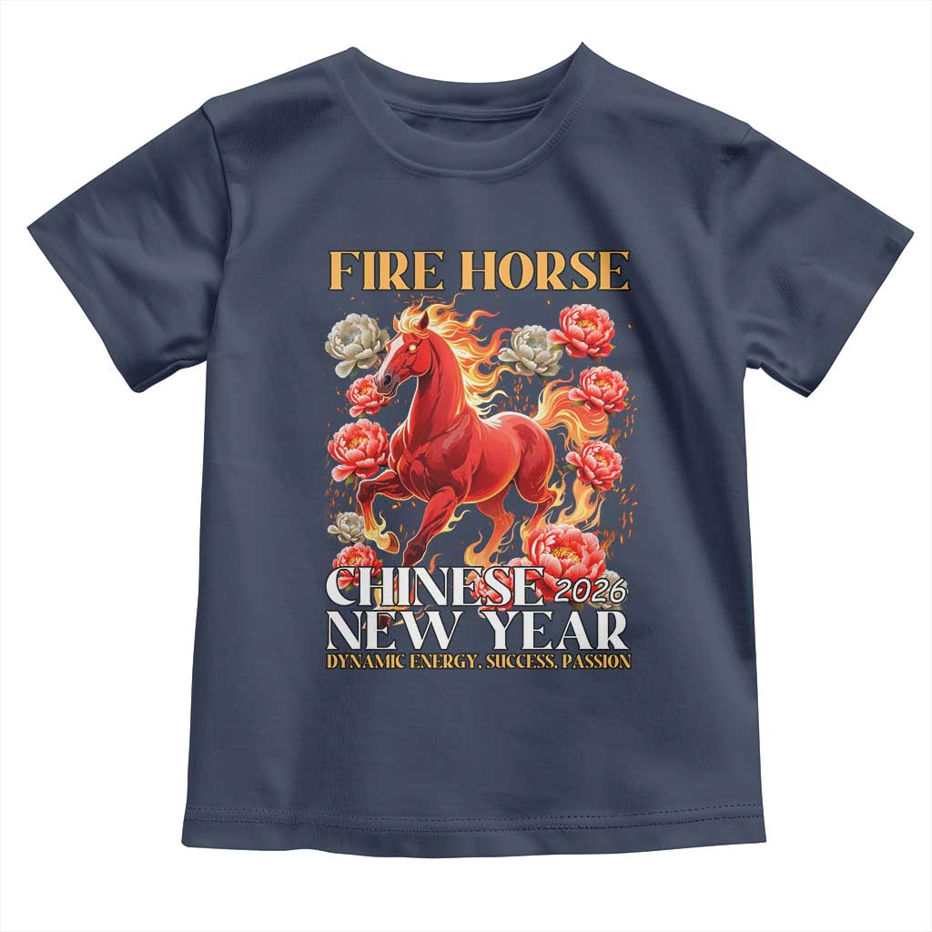 Year of The Fire Horse 2026 Toddler T Shirt Chinese New Year Peony Flower TS11 Navy Print Your Wear