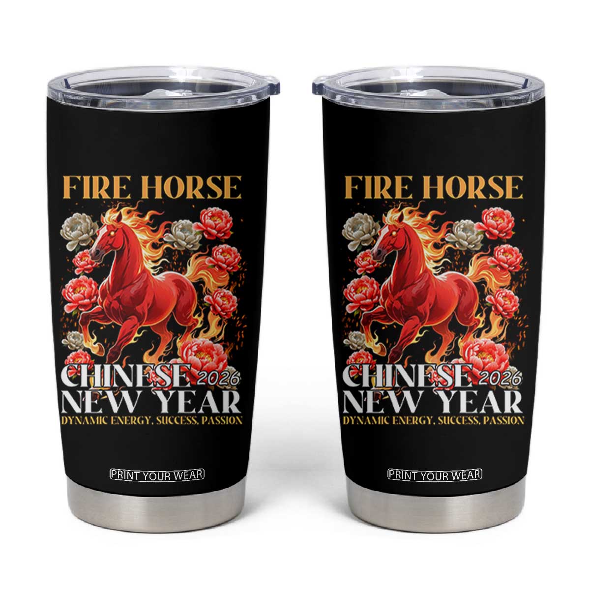 Year of The Fire Horse 2026 Tumbler Cup Chinese New Year Peony Flower TS11 Black Print Your Wear