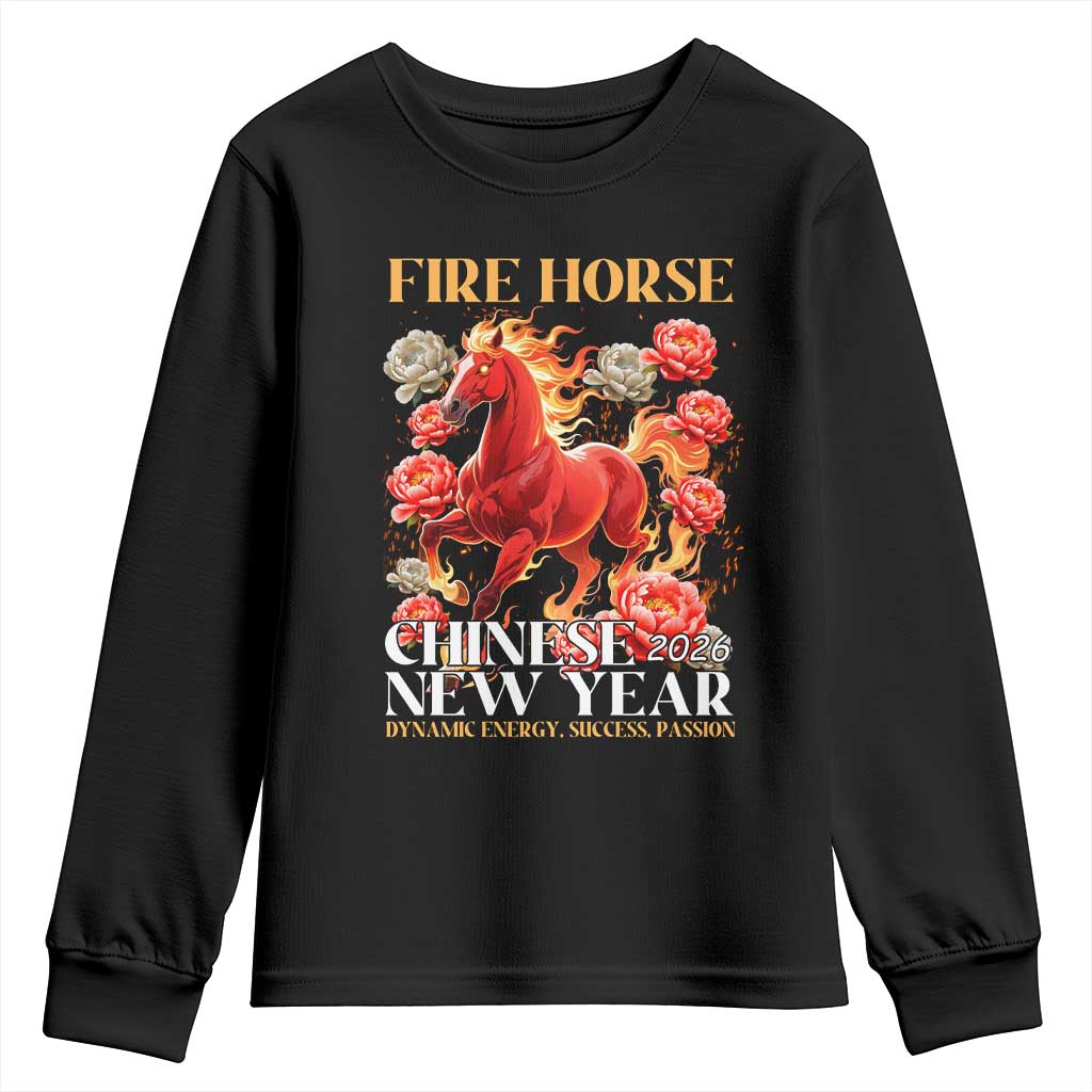 Year of The Fire Horse 2026 Youth Sweatshirt Chinese New Year Peony Flower TS11 Black Print Your Wear