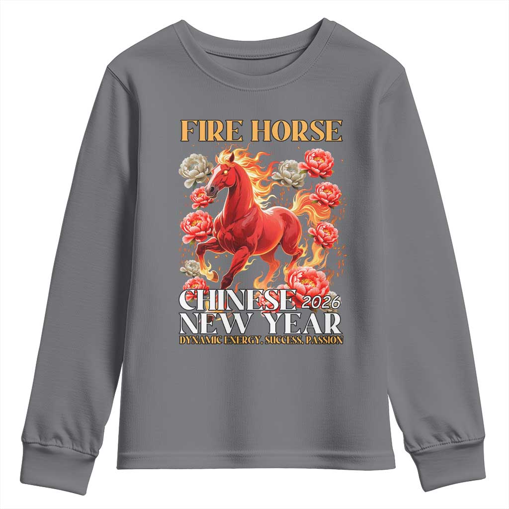 Year of The Fire Horse 2026 Youth Sweatshirt Chinese New Year Peony Flower TS11 Charcoal Print Your Wear
