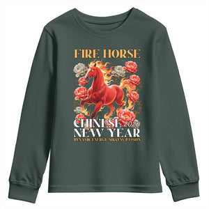 Year of The Fire Horse 2026 Youth Sweatshirt Chinese New Year Peony Flower TS11 Dark Forest Green Print Your Wear