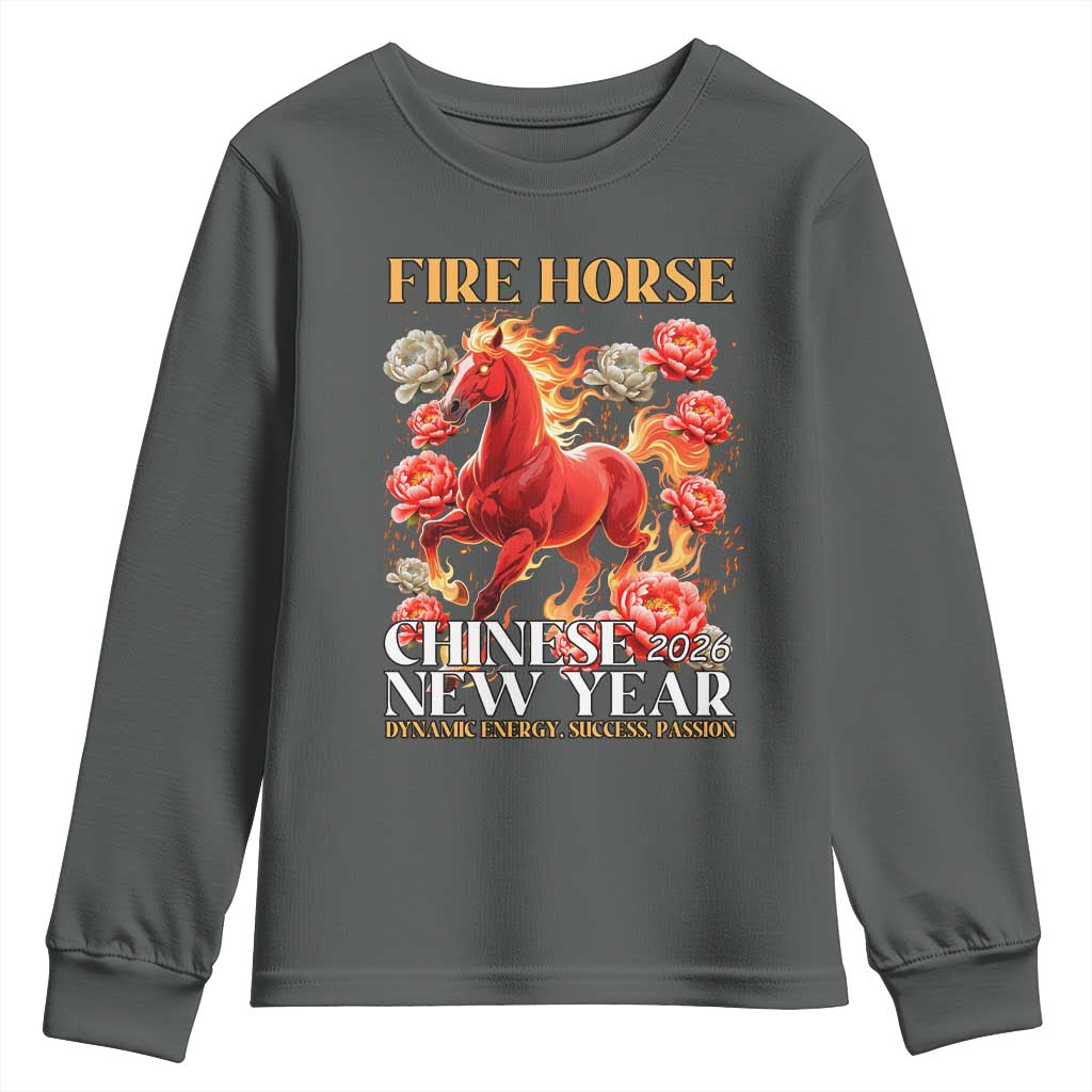 Year of The Fire Horse 2026 Youth Sweatshirt Chinese New Year Peony Flower TS11 Dark Heather Print Your Wear