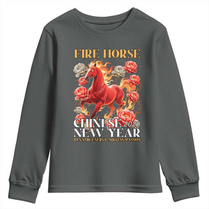 Year of The Fire Horse 2026 Youth Sweatshirt Chinese New Year Peony Flower TS11 Dark Heather Print Your Wear