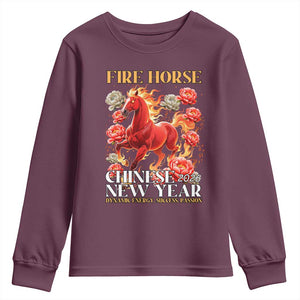 Year of The Fire Horse 2026 Youth Sweatshirt Chinese New Year Peony Flower TS11 Maroon Print Your Wear