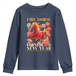 Year of The Fire Horse 2026 Youth Sweatshirt Chinese New Year Peony Flower TS11 Navy Print Your Wear
