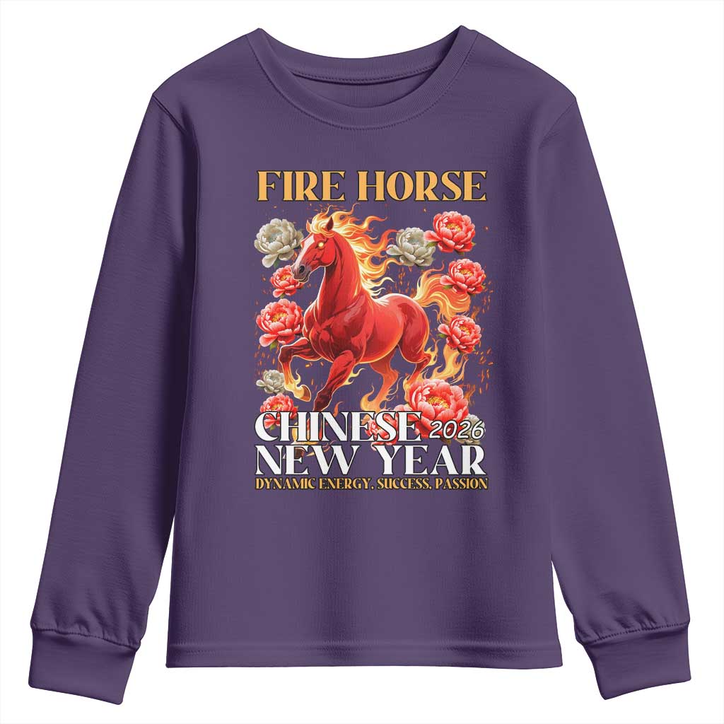 Year of The Fire Horse 2026 Youth Sweatshirt Chinese New Year Peony Flower TS11 Purple Print Your Wear