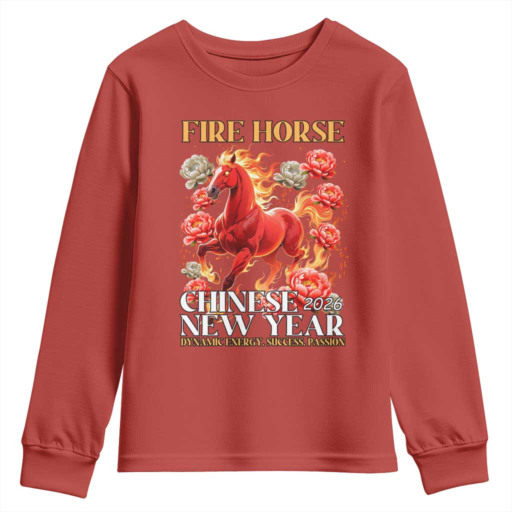 Year of The Fire Horse 2026 Youth Sweatshirt Chinese New Year Peony Flower TS11 Red Print Your Wear
