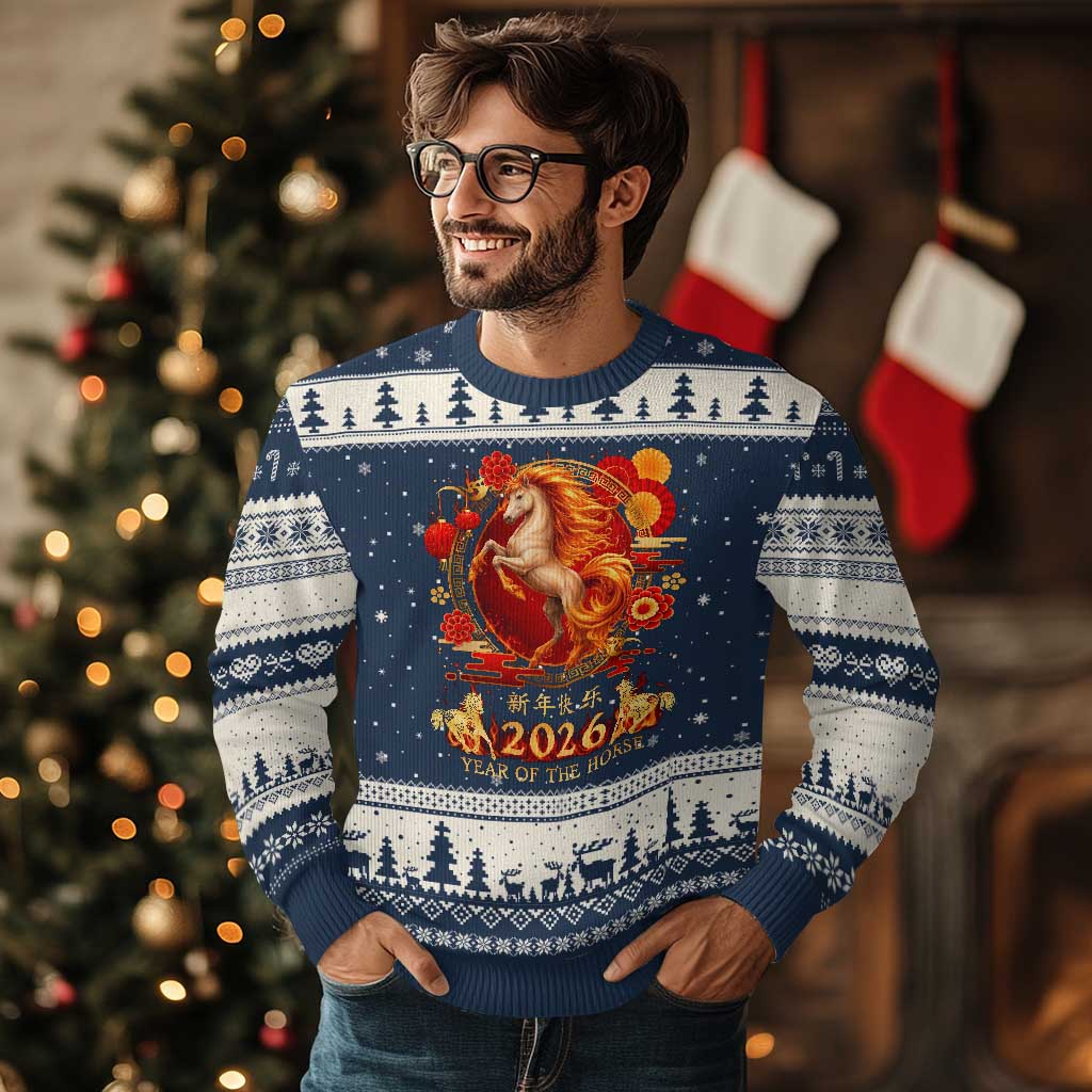 Year of The Fire Horse Ugly Christmas Sweater Funny Chinese Zodiac Lunar New Year 2026 TS11 Navy Beige Print Your Wear