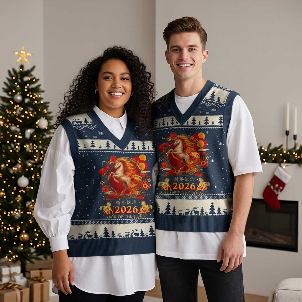 Year of The Fire Horse V-Neck Knit Sweater Vest Funny Chinese Zodiac Lunar New Year 2026 TS11 Navy Beige Print Your Wear