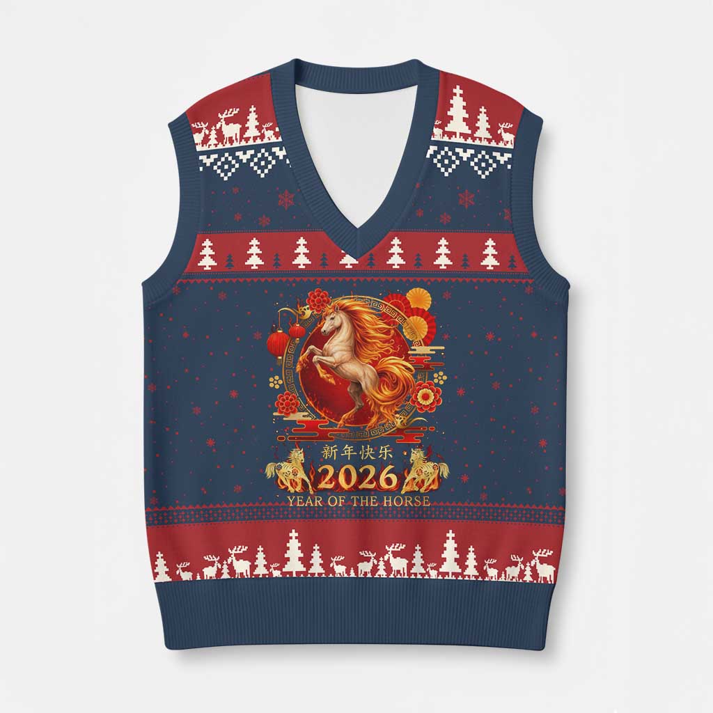 Year of The Fire Horse V-Neck Knit Sweater Vest Funny Chinese Zodiac Lunar New Year 2026 TS11 Navy Red Print Your Wear
