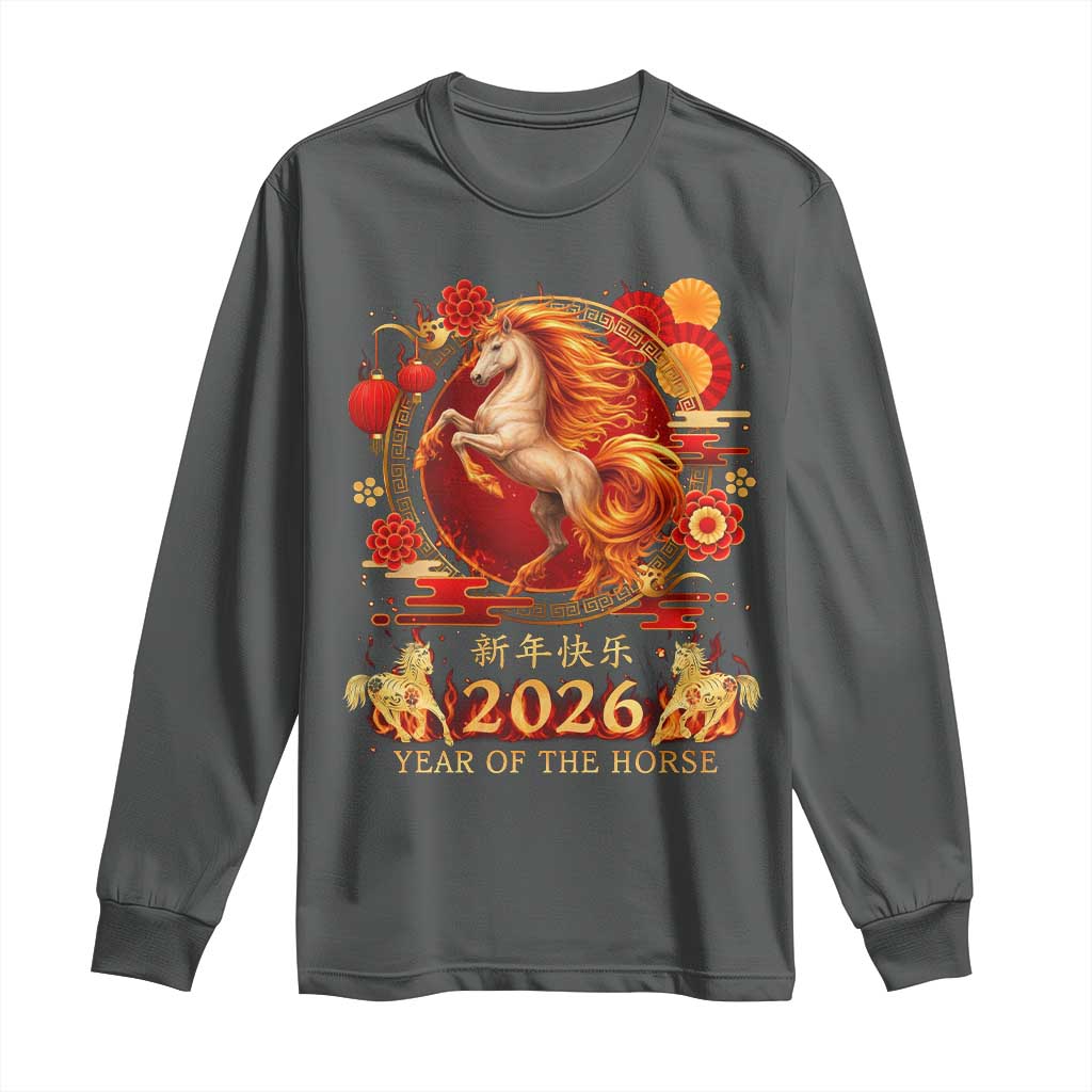 Year of The Fire Horse Long Sleeve Shirt Funny Chinese Zodiac Lunar New Year 2026 TS11 Dark Heather Print Your Wear