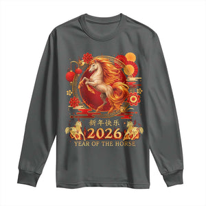 Year of The Fire Horse Long Sleeve Shirt Funny Chinese Zodiac Lunar New Year 2026 TS11 Dark Heather Print Your Wear
