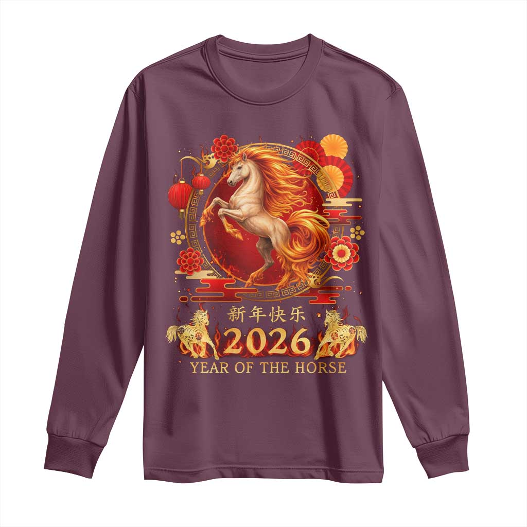 Year of The Fire Horse Long Sleeve Shirt Funny Chinese Zodiac Lunar New Year 2026 TS11 Maroon Print Your Wear
