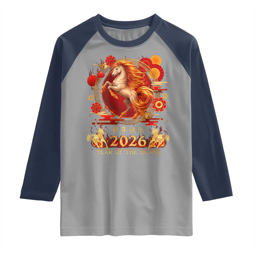 Year of The Fire Horse Raglan Shirt Funny Chinese Zodiac Lunar New Year 2026 TS11 Sport Gray Navy Print Your Wear